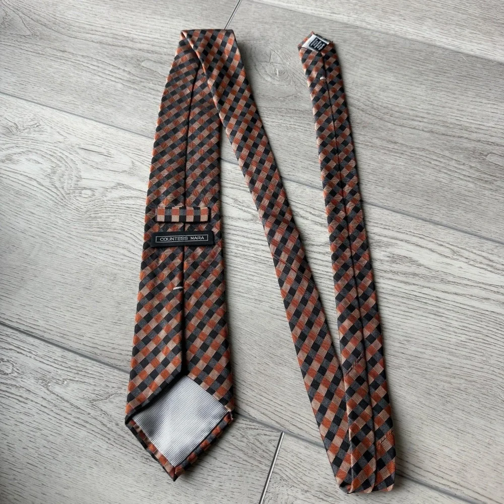 Countess Mara Silk Tie Picnic Plaid Handmade | Brown Black Orange | 57